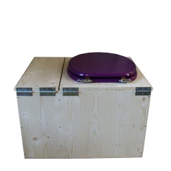 Toilette sèche avec bac à copeaux de bois à droite, abattant violet, bavette inox, seau inox