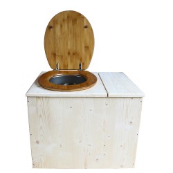 Toilette sèche rehaussée avec bac à copeaux de bois à droite, abattant bambou, seau inox - PMR