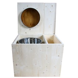 Toilette sèche rehaussée avec bac à copeaux de bois à droite, abattant bambou, seau inox - PMR