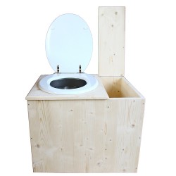 Toilette sèche rehaussée avec bac à copeaux de bois à droite, abattant blanc, seau inox - PMR