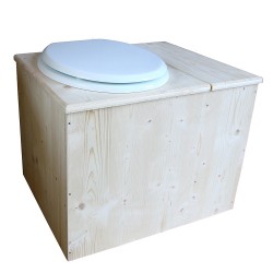 Toilette sèche rehaussée avec bac à copeaux de bois à droite, abattant blanc, seau inox - PMR