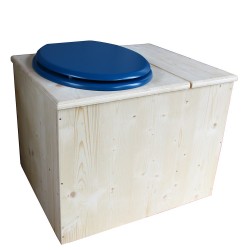 Toilette sèche rehaussée avec bac à copeaux de bois à droite, abattant bleu, seau inox - PMR