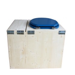 Toilette sèche rehaussée avec bac à copeaux de bois à droite, abattant bleu, seau inox - PMR