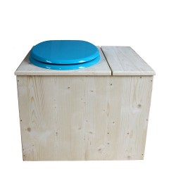 Toilette sèche rehaussée avec bac à copeaux de bois à droite, abattant turquoise, seau inox - PMR