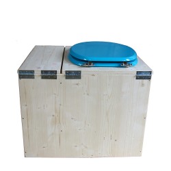 Toilette sèche rehaussée avec bac à copeaux de bois à droite, abattant turquoise, seau inox - PMR
