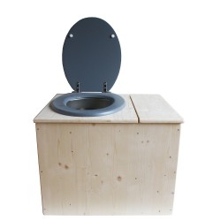Toilette sèche rehaussée avec bac à copeaux de bois à droite, abattant gris, seau inox - PMR