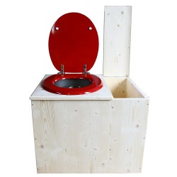Toilette sèche rehaussée avec bac à copeaux de bois à droite, abattant rouge, seau inox - PMR