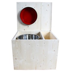 Toilette sèche rehaussée avec bac à copeaux de bois à droite, abattant rouge, seau inox - PMR