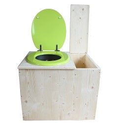 Toilette sèche rehaussée avec bac à copeaux de bois à droite, abattant vert, seau inox - PMR