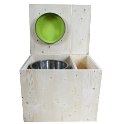 Toilette sèche rehaussée avec bac à copeaux de bois à droite, abattant vert, seau inox - PMR