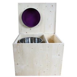 Toilette sèche rehaussée avec bac à copeaux de bois à droite, abattant violet, seau inox - PMR