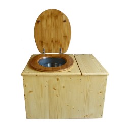 Toilette sèche huilée avec bac à copeaux à droite avec bavette inox, seau inox, abattant bambou
