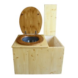 Toilette sèche huilée avec bac à copeaux à droite avec bavette inox, seau inox, abattant bambou