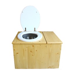 Toilette sèche huilée avec bac à copeaux à droite avec bavette inox, seau inox, abattant blanc