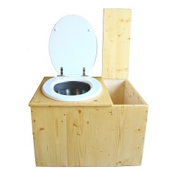 Toilette sèche huilée avec bac à copeaux à droite avec bavette inox, seau inox, abattant blanc
