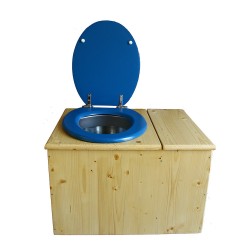 Toilette sèche huilée avec bac à copeaux à droite avec bavette inox, seau inox, abattant bleu