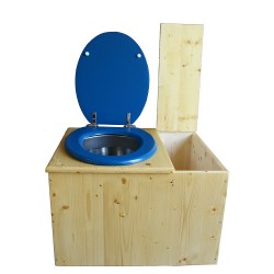 Toilette sèche huilée avec bac à copeaux à droite avec bavette inox, seau inox, abattant bleu