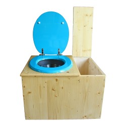Toilette sèche huilée avec bac à copeaux à droite avec bavette inox, seau inox, abattant turquoise