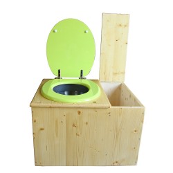 Toilette sèche huilée avec bac à copeaux à droite avec bavette inox, seau inox, abattant vert