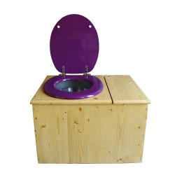 Toilette sèche huilée avec bac à copeaux à droite avec bavette inox, seau inox, abattant violet