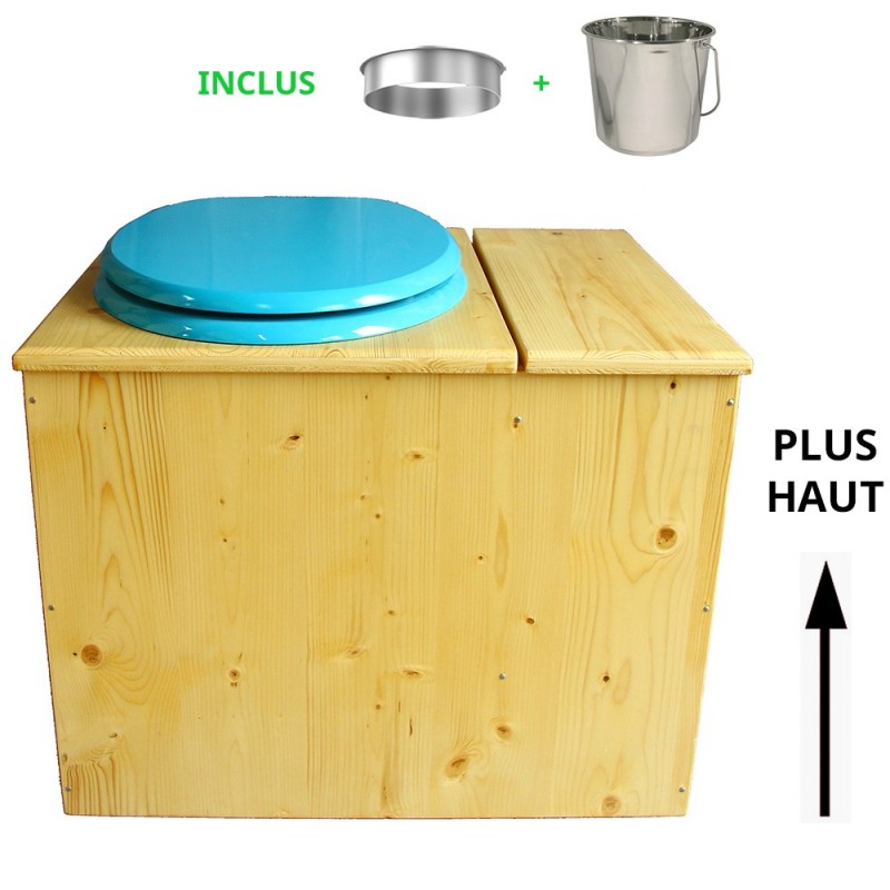 Toilette sèche en bois huilé avec bac intégré à droite, abattant turquoise, seau inox et bavette inox. Hauteur PMR 50 cm.