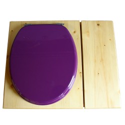 Toilette sèche en bois huilé avec bac intégré à droite, abattant violet, seau inox et bavette inox. Hauteur PMR 50 cm.