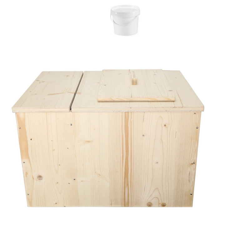 Toilette sèche pas cher avec bac à copeaux de bois + seau plastique 20 litres
