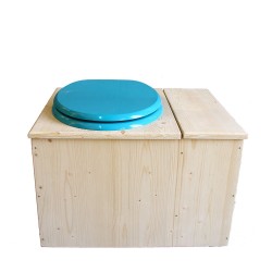 Toilette sèche avec bac à copeaux de bois à droite, abattant turquoise, bavette inox, seau 22L plastique