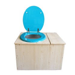 Toilette sèche avec bac à copeaux de bois à droite, abattant turquoise, bavette inox, seau 22L plastique