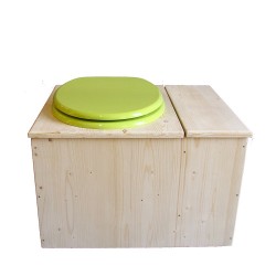 Toilette sèche avec bac à copeaux de bois à droite, abattant vert, bavette inox, seau 22L plastique