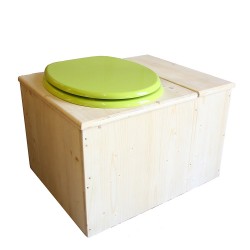 Toilette sèche avec bac à copeaux de bois à droite, abattant vert, bavette inox, seau 22L plastique