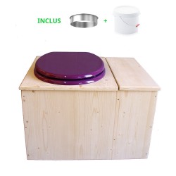 Toilette sèche avec bac à copeaux de bois à droite, abattant violet, bavette inox, seau 22L plastique