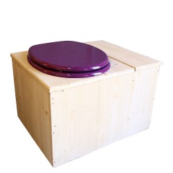 Toilette sèche avec bac à copeaux de bois à droite, abattant violet, bavette inox, seau 22L plastique
