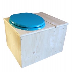 Toilette sèche avec bac à copeaux de bois à droite, abattant turquoise, seau plastique 18L