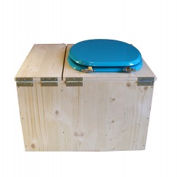 Toilette sèche avec bac à copeaux de bois à droite, abattant turquoise, seau plastique 18L