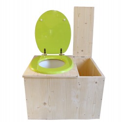 Toilette sèche avec bac à copeaux de bois à droite, abattant vert, seau plastique 18L