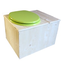 Toilette sèche avec bac à copeaux de bois à droite, abattant vert, seau plastique 18L