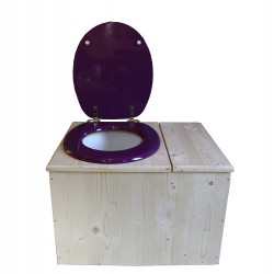 Toilette sèche avec bac à copeaux de bois à droite, abattant violet, seau plastique 18L