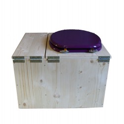 Toilette sèche avec bac à copeaux de bois à droite, abattant violet, seau plastique 18L