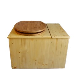 Toilette sèche huilée avec bac à copeaux de bois à droite, bavette inox, seau plastique 22L, abattant bambou