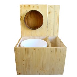 Toilette sèche huilée avec bac à copeaux de bois à droite, bavette inox, seau plastique 22L, abattant bambou