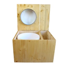Toilette sèche huilée avec bac à copeaux de bois à droite, bavette inox, seau plastique 22L, abattant blanc