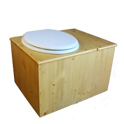 Toilette sèche huilée avec bac à copeaux de bois à droite, bavette inox, seau plastique 22L, abattant blanc
