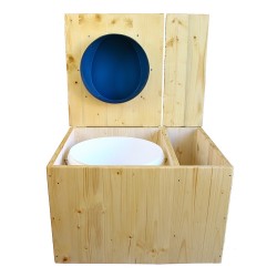 Toilette sèche huilée avec bac à copeaux de bois à droite, bavette inox, seau plastique 22L, abattant bleu