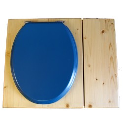 Toilette sèche huilée avec bac à copeaux de bois à droite, bavette inox, seau plastique 22L, abattant bleu