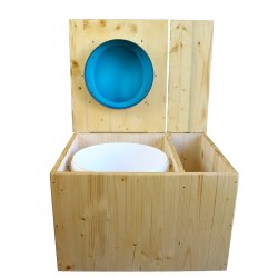 Toilette sèche huilée avec bac à copeaux de bois à droite, bavette inox, seau plastique 22L, abattant turquoise