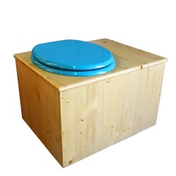 Toilette sèche huilée avec bac à copeaux de bois à droite, bavette inox, seau plastique 22L, abattant turquoise