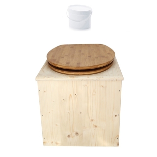 Toilette sèche en bois avec seau 18L plastique et abattant bambou