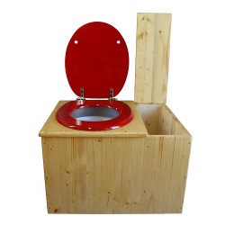 Toilette sèche huilée avec bac à copeaux de bois à droite, bavette inox, seau plastique 22L, abattant rouge