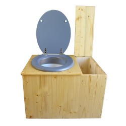 Toilette sèche huilée avec bac à copeaux de bois à droite, bavette inox, seau plastique 22L, abattant gris